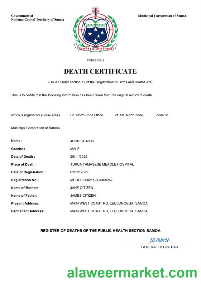 Samoa death certificate Word and PDF template